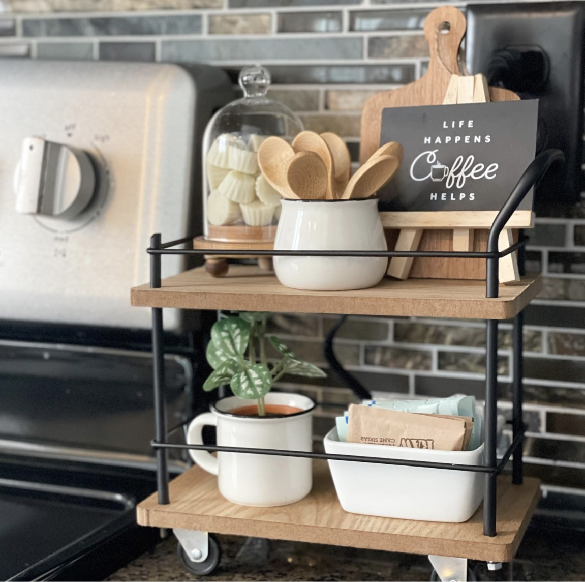 image of a wood coffee organizer on a kitchen counter